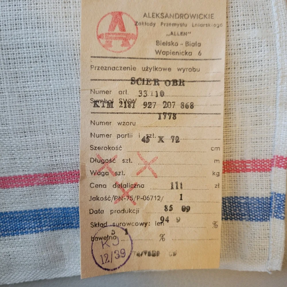 Polish Tea Towel Aleksandrowickie ~ Vintage 1985? ~ Original Tags ~ Linen?